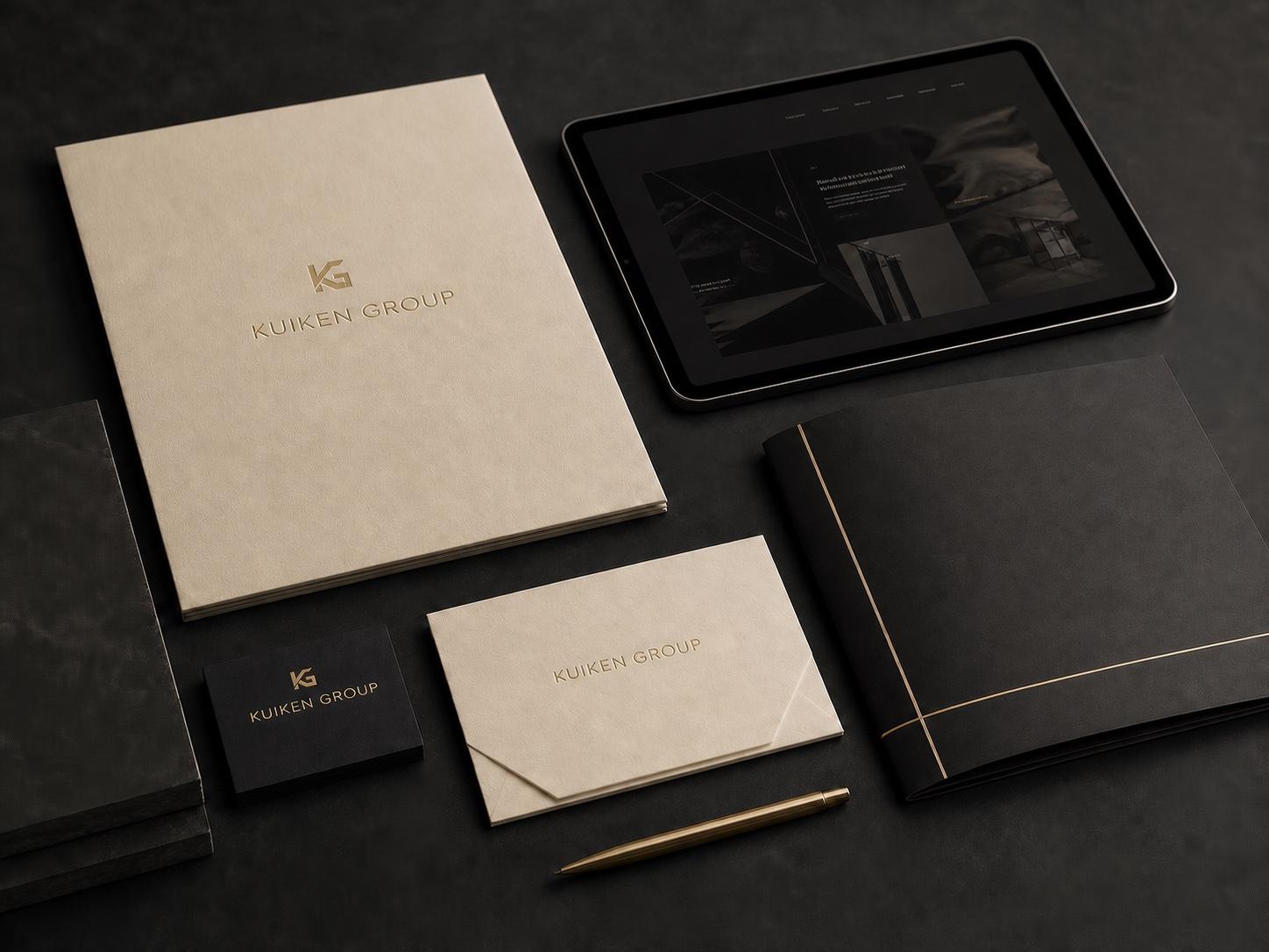 Kuiken Group identity system with embossed stationery, tablet, and brand materials